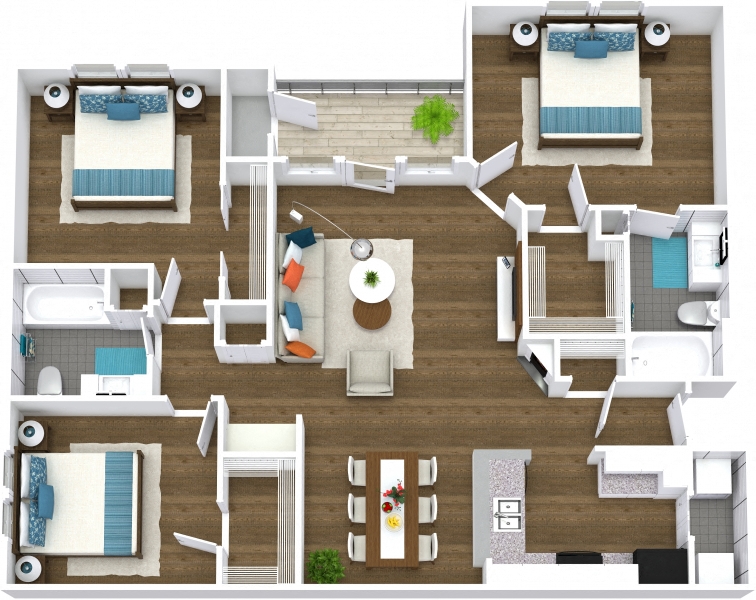 Floor plan for 3 beds, 2 baths, 1344 sqft